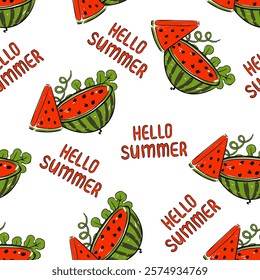 Seamless pattern with watermelons and cheerful Hello Summer text, ideal for summer themed designs. vector illustration