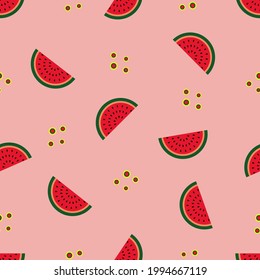 Patrón sin foco con sandías. Colorido ánimo de fruialidad de verano. Ilustración de vectores rosa y amarillo. Adecuado para la decoración textil, el diseño de papel de envoltura, papel pintado.