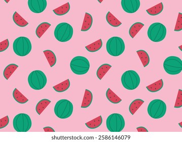 Seamless pattern with watermelons. Cute fun print with green watermelons and slices on a pink background. Bright fruit background for websites, printing on children's clothing, fabrics, packagin