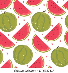 Seamless pattern with watermelons. Doodle fruits. Vector design textile, greeting card, poster, wrapping paper designs. Hand-drawn illustration.