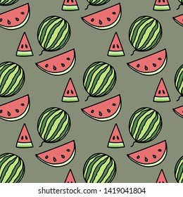 Seamless pattern with watermelons. Drawn by hand