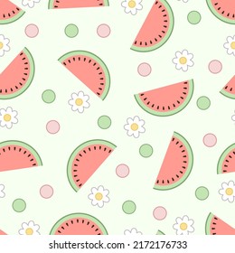 Seamless pattern of watermelons, flowers and dots in kawaii style on a green background.