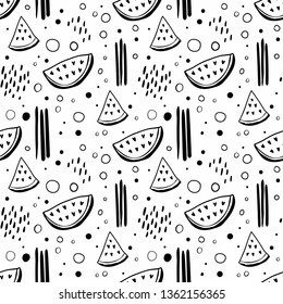 Seamless  pattern with watermelons and geometric figures. Modern texture with fruits and geometric elements in memphis design style. Trending hipster black and white pattern. Vector hand-drawn illustr