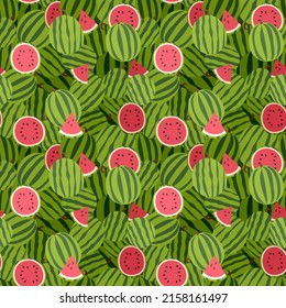 Seamless pattern with watermelons, half and pieces of watermelon. Fruity summer pattern. Vector illustration