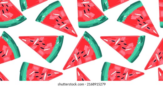 Seamless pattern with watermelons. Hand drawn watermelon slices endless wallpaper. Cute fruit backdrop. Food design for fabric, textile print, wrapping, cover. Vector illustration