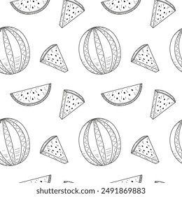 Patrón sin costuras con sandías. Vector blanco y negro dibujado a mano que repite el fondo de la planta de sandía, fruta entera, mitad, rebanada. Comida y bebida, cosecha. Para papel, tarjeta, etiqueta, embalaje