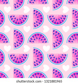 Seamless pattern with watermelons and hearts on pink background. Surface pattern.It be perfect for fabric, wrapping,packaging, digital paper and more.