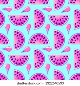 Seamless pattern with watermelons and ice cream on blue background. Surface pattern.It be perfect for fabric, wrapping,packaging, digital paper and more.