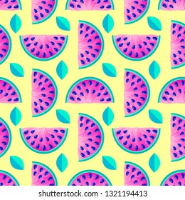 Seamless pattern with watermelons and leaves on yellow background. Surface pattern.It be perfect for fabric, wrapping,packaging, digital paper and more.