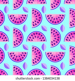 Seamless pattern with watermelons and leaves on blue background. Surface pattern.