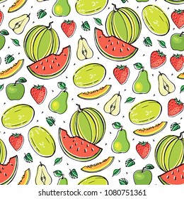 seamless pattern with watermelons melons pears apples and strawberries