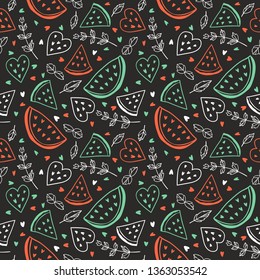 Seamless pattern with watermelons and mint.  Chalkboard style, summer background.  