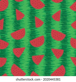 seamless pattern of watermelons on a background of green striped rind, background image of watermelon halves and triangular pieces