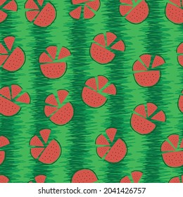 seamless pattern of watermelons on a background of green striped rind, background image of watermelon halves and triangular pieces