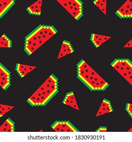 Seamless pattern with watermelons on a black background in a pixel style. Design is suitable for wallpaper, decor, textiles, factories, kids room, t-shirts, clothing printing. Isolated vector