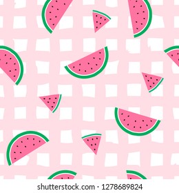 Seamless pattern with watermelons on check background. Vector illustration in flat style