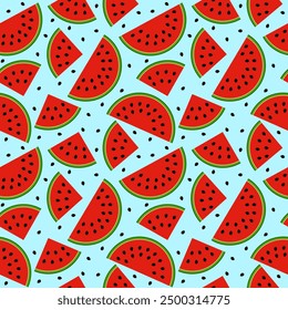 Seamless pattern with watermelons on a light blue background.