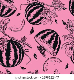 Seamless pattern with watermelons on a pink background