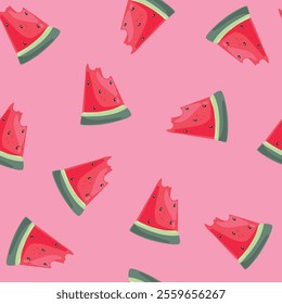 Seamless pattern with watermelons on pink background. Vector illustration.