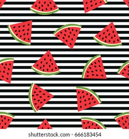 Seamless pattern with watermelons on strips. Summer background.