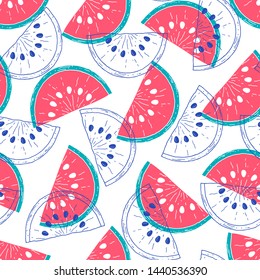 Seamless pattern with watermelons on white background.Fruits texture.It be perfect for fabric, wrapping, packaging, digital paper and more.