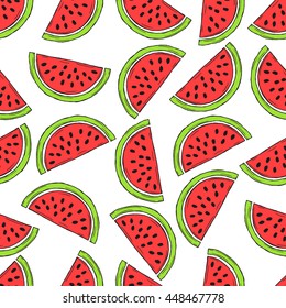 Seamless pattern of watermelons on white background. Sketch style.