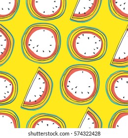 Seamless pattern of watermelons on yellow background. Sketch style. Image for a poster or cover.Fruits vector illustration. Repeating texture. Figure for textiles. 