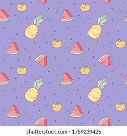 Seamless pattern with watermelons, pineapples and oranges. Cute fruit slices with mugs. Seeds of tropical fruit. Summer background pattern. Fresh juicy.