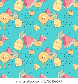 Seamless pattern with watermelons, pineapples and oranges. Cute fruit slices with mugs. Seeds of tropical fruit. Summer background pattern. Fresh juicy.