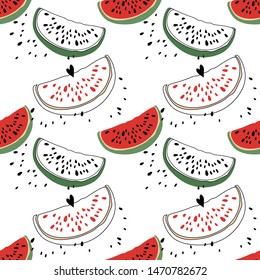 Seamless pattern with watermelons. Red watermelon with seeds on a white background. Summer background. Vector illustration.