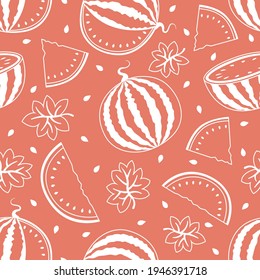 Seamless pattern with watermelons, seeds and leaves on pink background. 