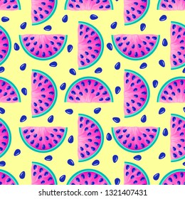 Seamless pattern with watermelons and seeds on yellow background. Surface pattern.It be perfect for fabric, wrapping,packaging, digital paper and more.