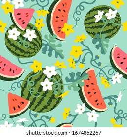 Seamless pattern. Watermelons, slices, leaves, flowers. Pink and red pieces. Yellow and white flowers. For fabric design, wrapper , etc.