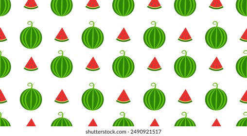 Seamless pattern. Watermelons and slices on white background. Design of packaging, product label, background, wrapping paper. Vector graphics 