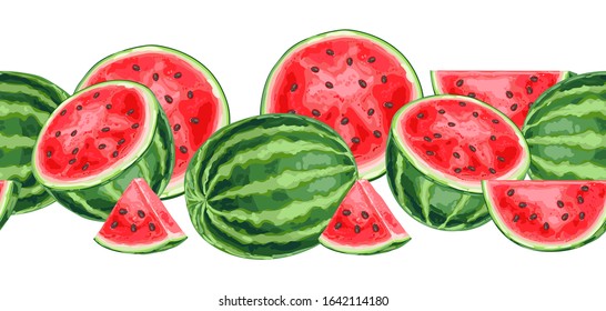 Seamless pattern with watermelons and slices. Summer fruit decorative illustration.