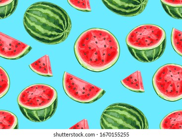 Patrón inoxidable con sandías y rodajas. Ilustración decorativa de frutas de verano.