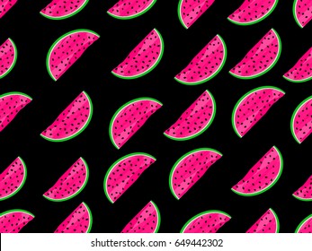 Seamless pattern with watermelons. Slices of watermelon with seeds. Vector illustration