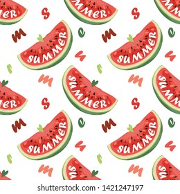 Seamless pattern with watermelons. Summer background, a slice of juicy and ripe watermelon. Banner, poster, modern textile design, print, wallpaper, wrapping paper. Vector illustration.