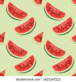 Seamless pattern with watermelons. Summer background, a slice of juicy and ripe watermelon. Banner, poster, modern textile design, print, wallpaper, wrapping paper. Vector illustration.