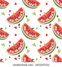 Seamless pattern with watermelons. Summer background, a slice of juicy and ripe watermelon. Banner, poster, modern textile design, print, wallpaper, wrapping paper. Vector illustration.