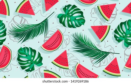 Seamless pattern watermelons with tropical leaf, slice of watermelon vector illustration on blue background, Tropical fruit pattern summer style