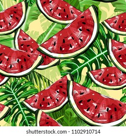 Seamless pattern with watermelons and tropical leafs