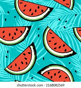 Seamless pattern with watermelons and tropical leaves. Summer trend background.