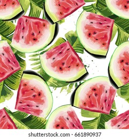 Seamless pattern with watermelons and tropical leaves.
