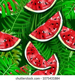 Seamless pattern with watermelons and tropical plants