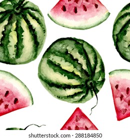 Seamless pattern with watermelons. Watercolor hand drawing. Vector illustration