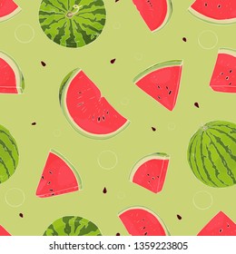 Seamless pattern with watermelons. Watermelon, a piece of watermelon on a green background. Colorful vector illustration in sketch style. Drawing hands.