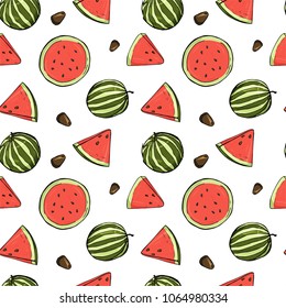 Seamless pattern with watermelons. Watermelon, slice of watermelon on white background. Colorful vector illustration in sketch style.