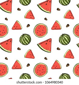 Seamless pattern with watermelons. Watermelon, slice of watermelon on white background. Colorful vector illustration in sketch style.