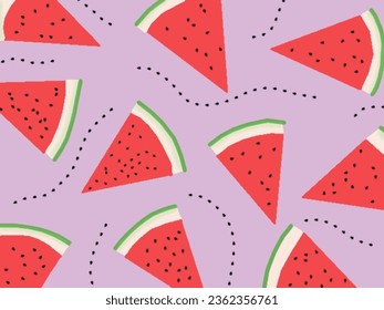 Seamless pattern with watermelons. Watermelon slices isolated on purple background. Illustration